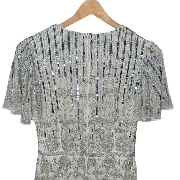 Mac Duggal Nude Silver Embellished Flutter Sleeve High Neck Dress 6 - Picture 9 of 13